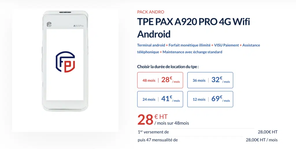 tarifs A920 PRO PAX