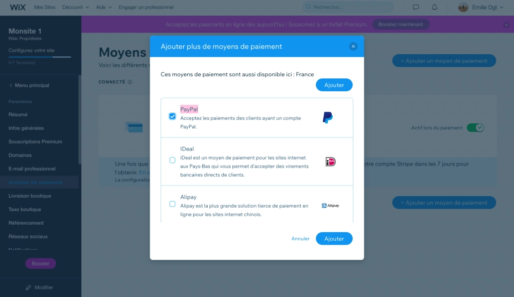 modes de paiements créer site wix